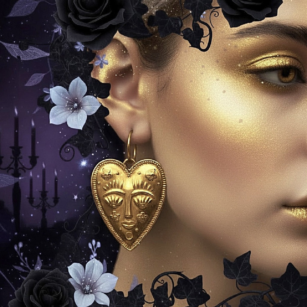 A close-up of a woman's face with dramatic gold makeup and a heart-shaped gold earring featuring an engraved face, surrounded by black roses, white flowers, and dark decorative silhouettes against a purple background.