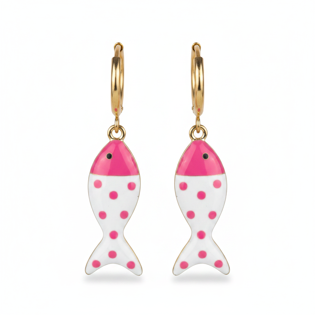 Fish-shaped earrings with pink and white design on a white background