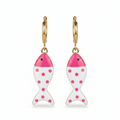 Fish-shaped earrings with pink and white design on a white background