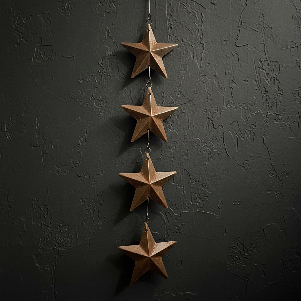 Hand holding a set of star-shaped bronze ornaments against a green textured background