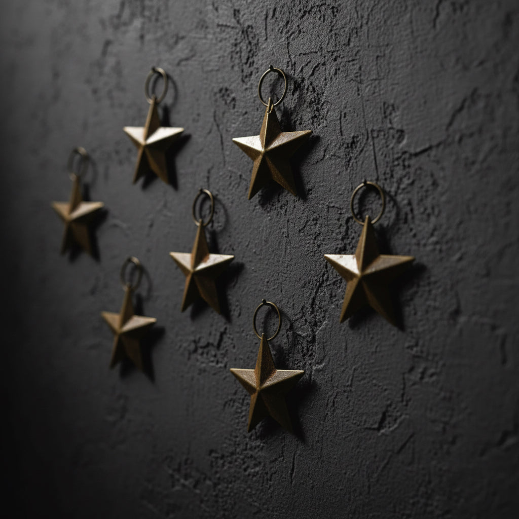 six rusty star-shaped objects against a dark textured background.