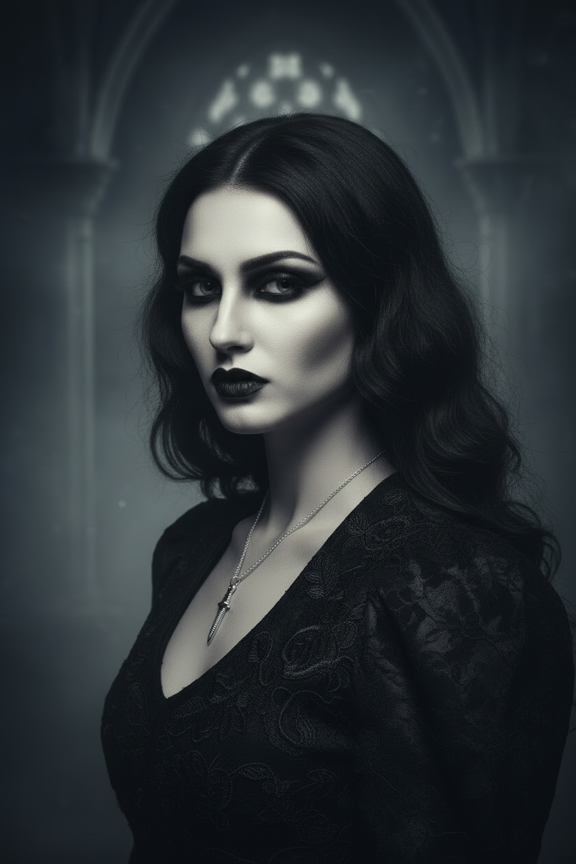 Gothic woman with dark makeup and black dress in a dimly lit setting with silver dagger necklace 