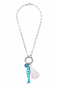Necklace with fish charm and tassel on a white background