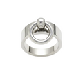 A polished silver-toned metal ring featuring a circular hoop with a small visible ball bearing mechanism, set against a plain white background.