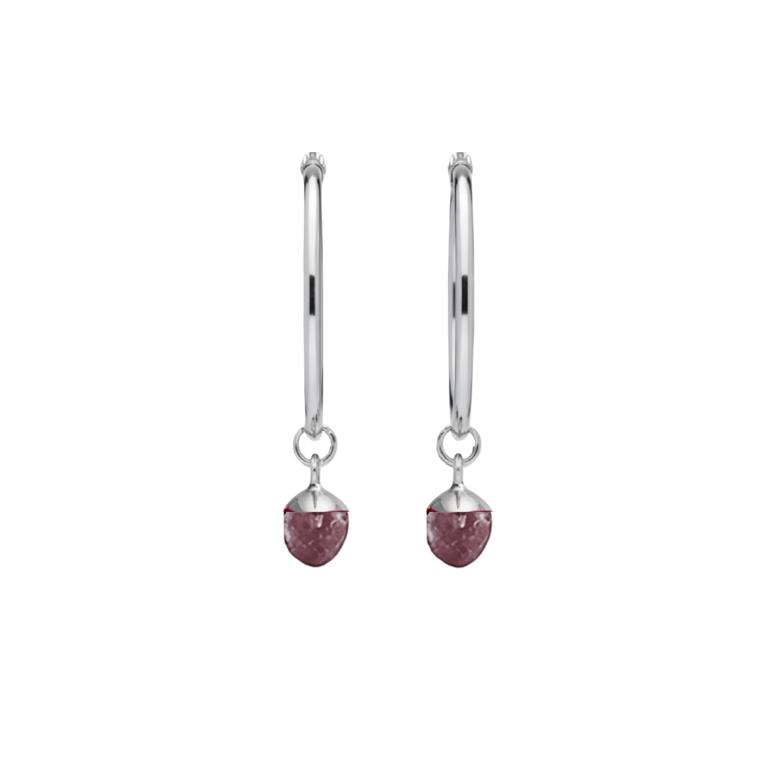 A pair of silver hoop earrings with small faceted amethyst crystal at the bottom, shown on a plain white background.