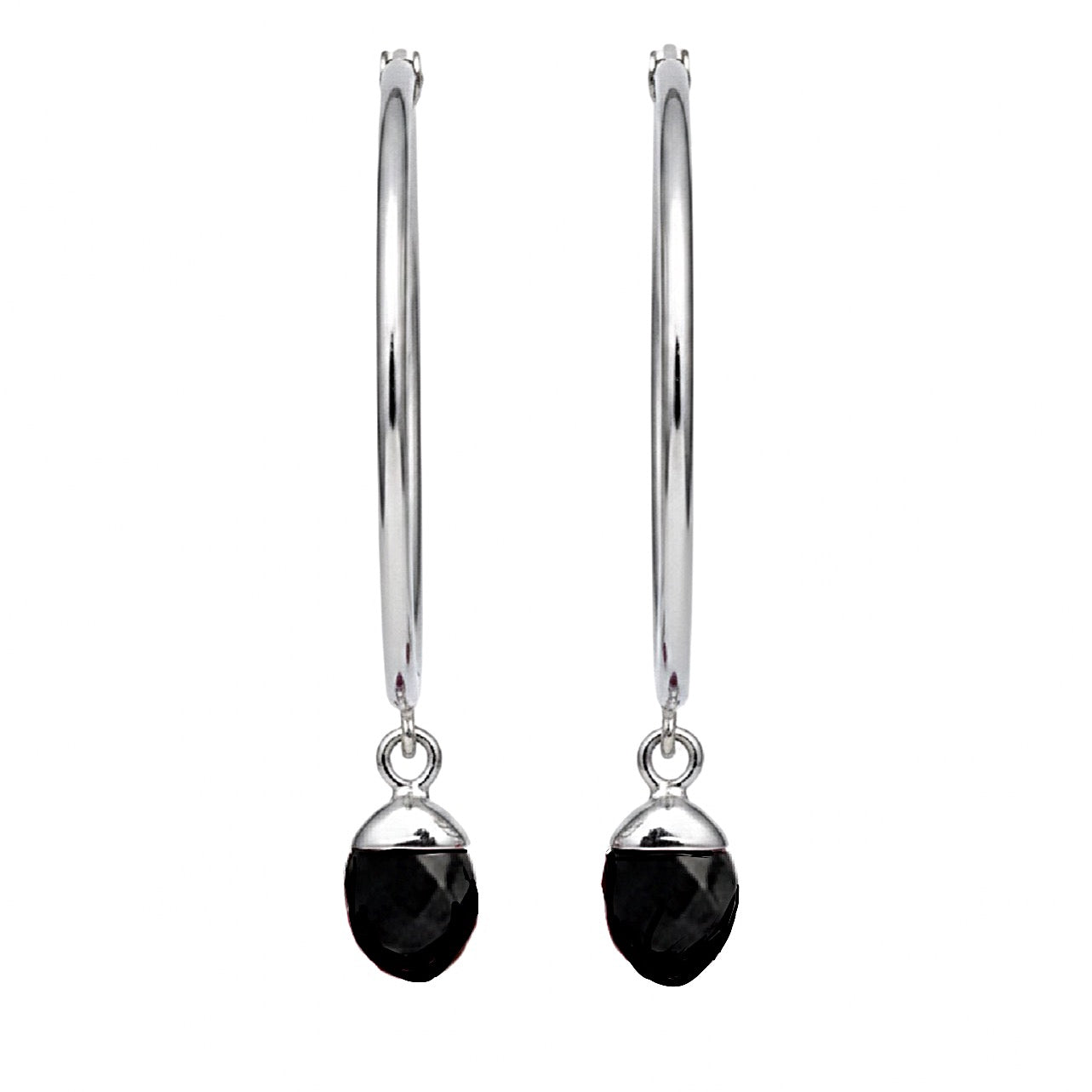 Silver earrings with black crystals on a white background