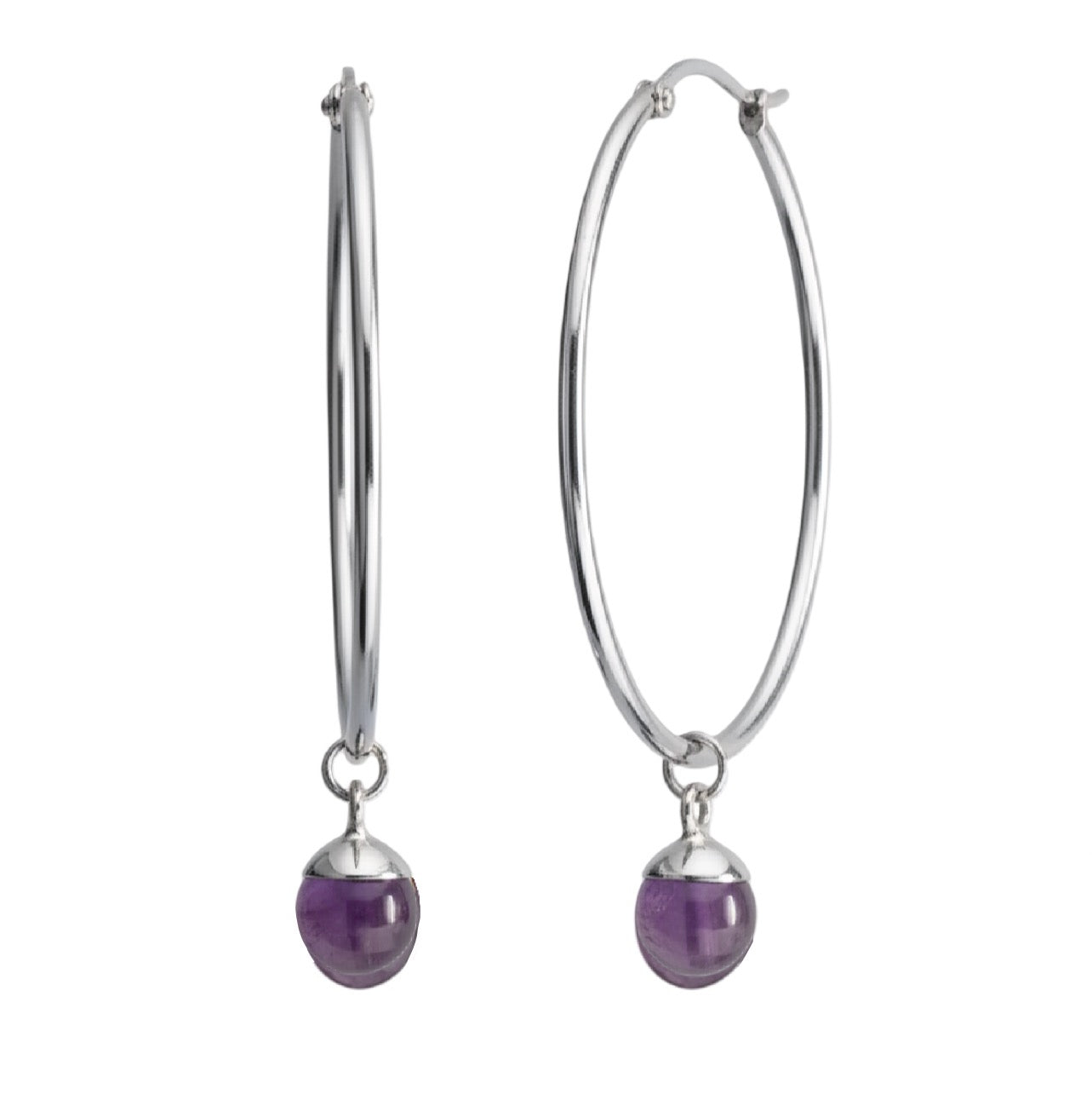 Silver hoop earrings with purple crystals on a white background