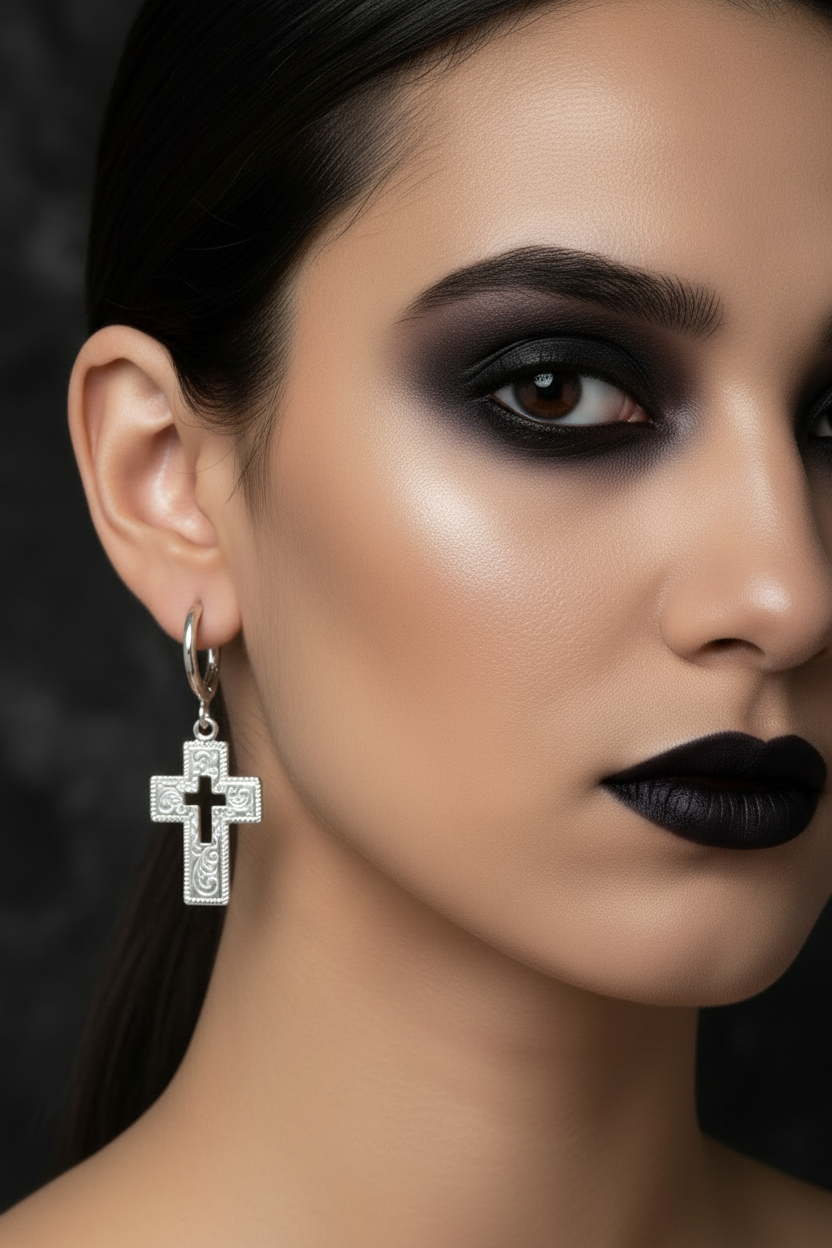 Close-up of a woman's face with dark makeup and a cross earring against a dark background