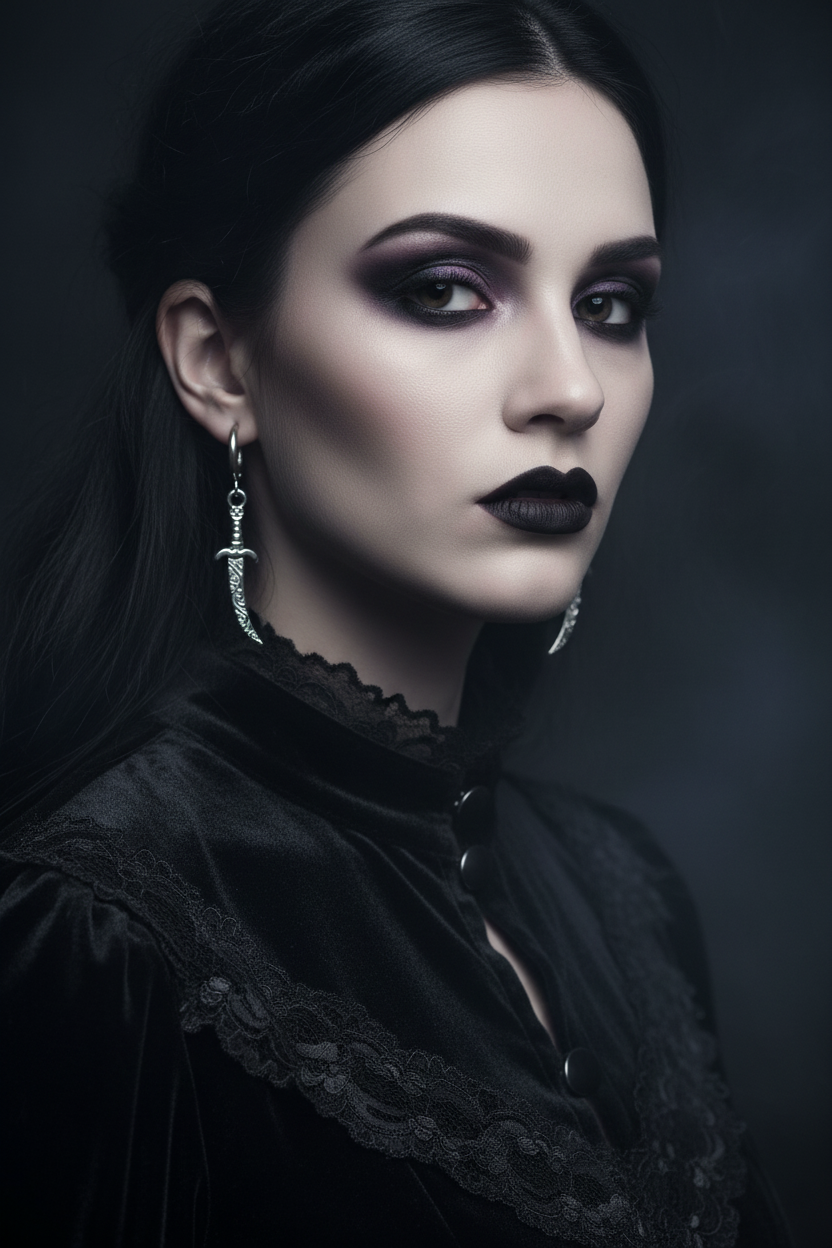 Woman in a black outfit with dark makeup and silver curved dagger earrings against a dark background