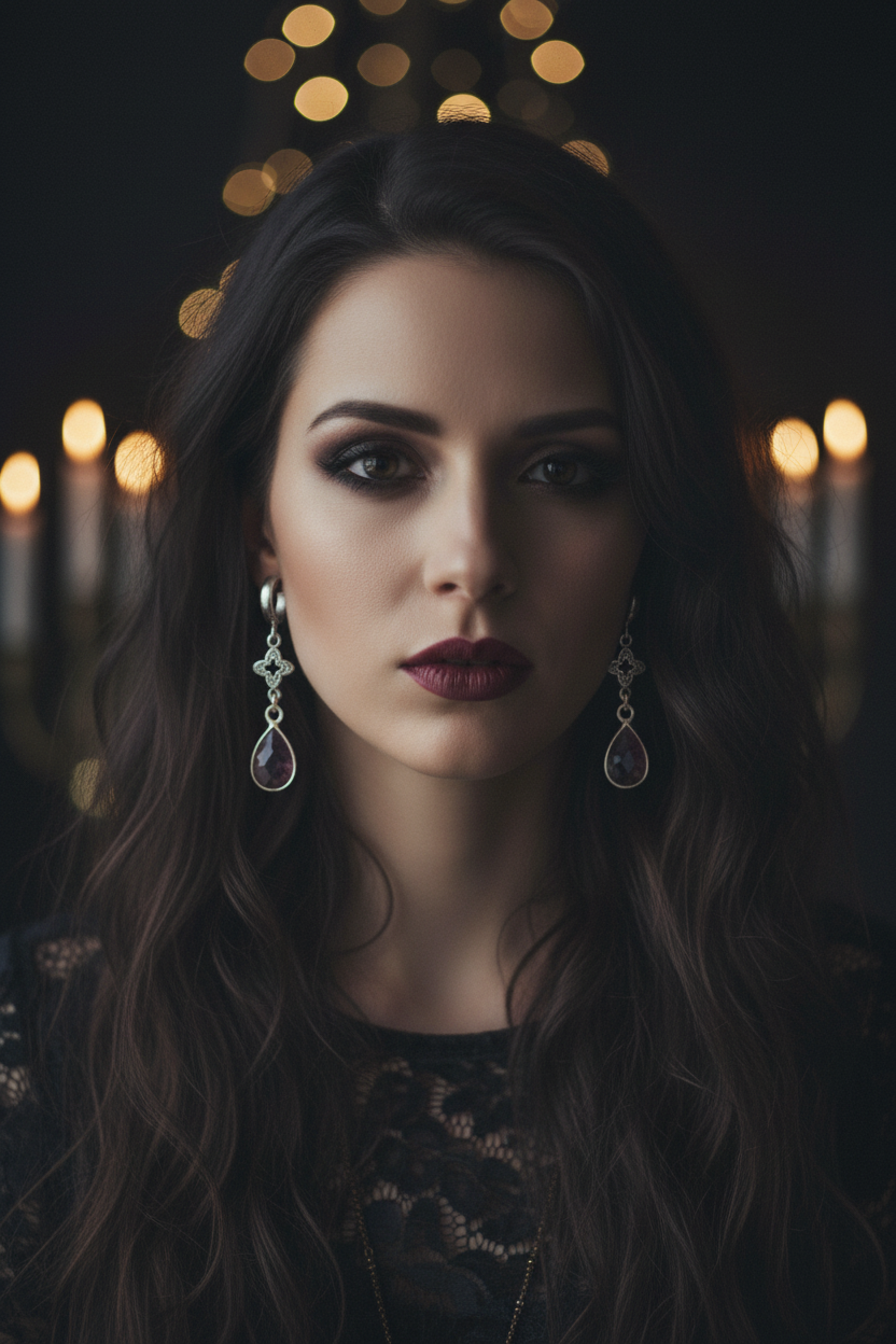 Woman with dark hair and earrings against a candlelit background