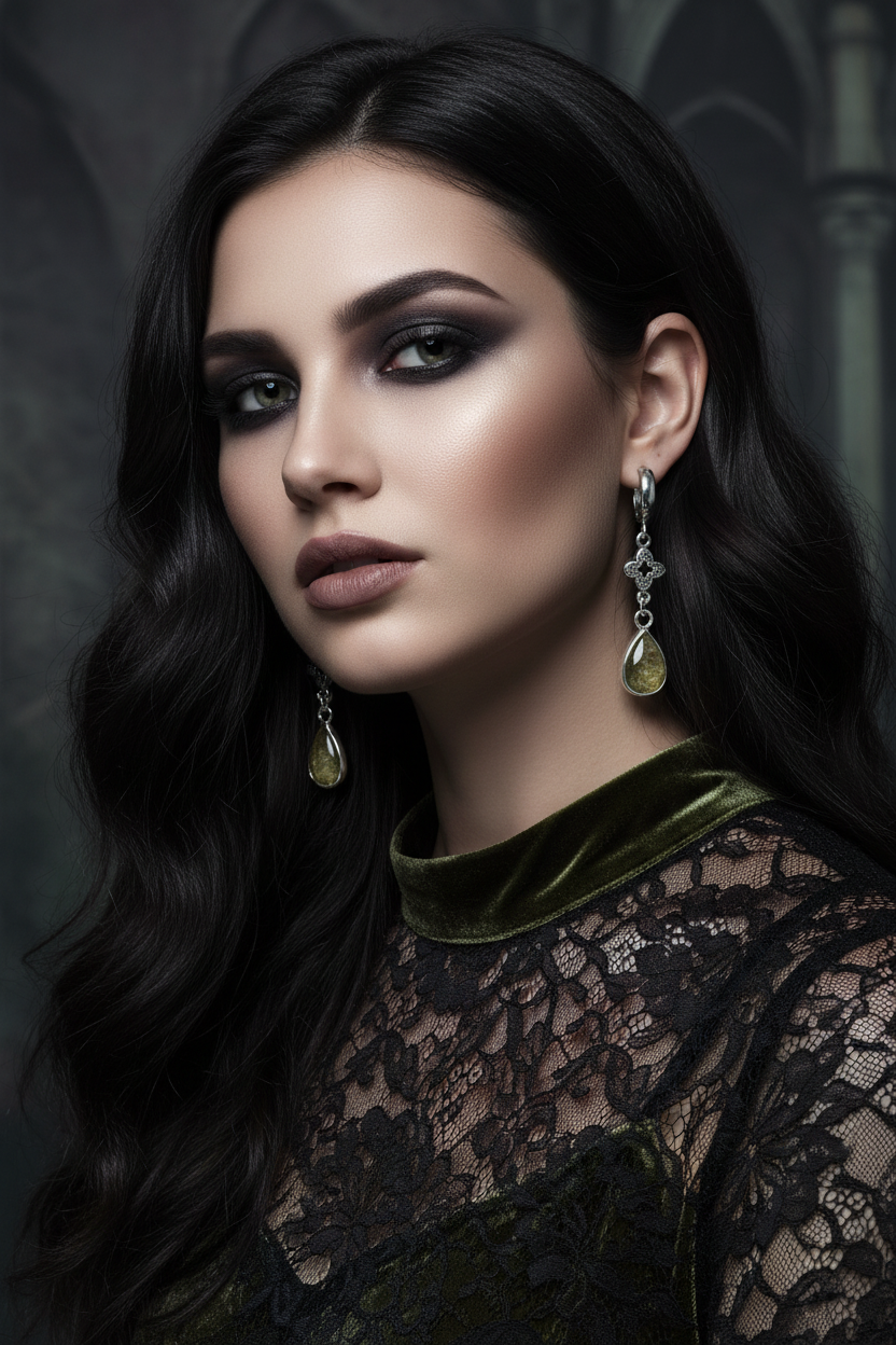 Woman with dark hair and earrings wearing a black lace top against a dark background