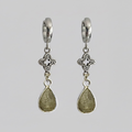 Pair of silver earrings with teardrop-shaped stones on a light gray background
