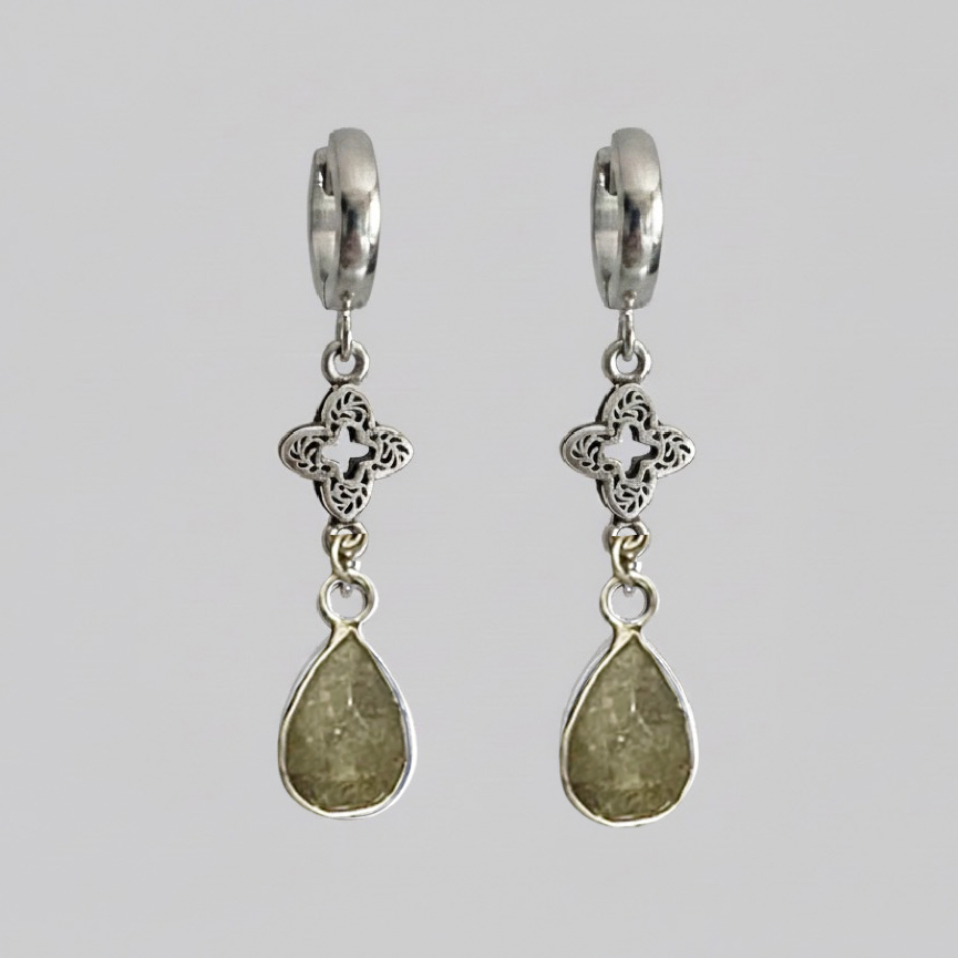 Pair of silver earrings with teardrop-shaped stones on a light gray background