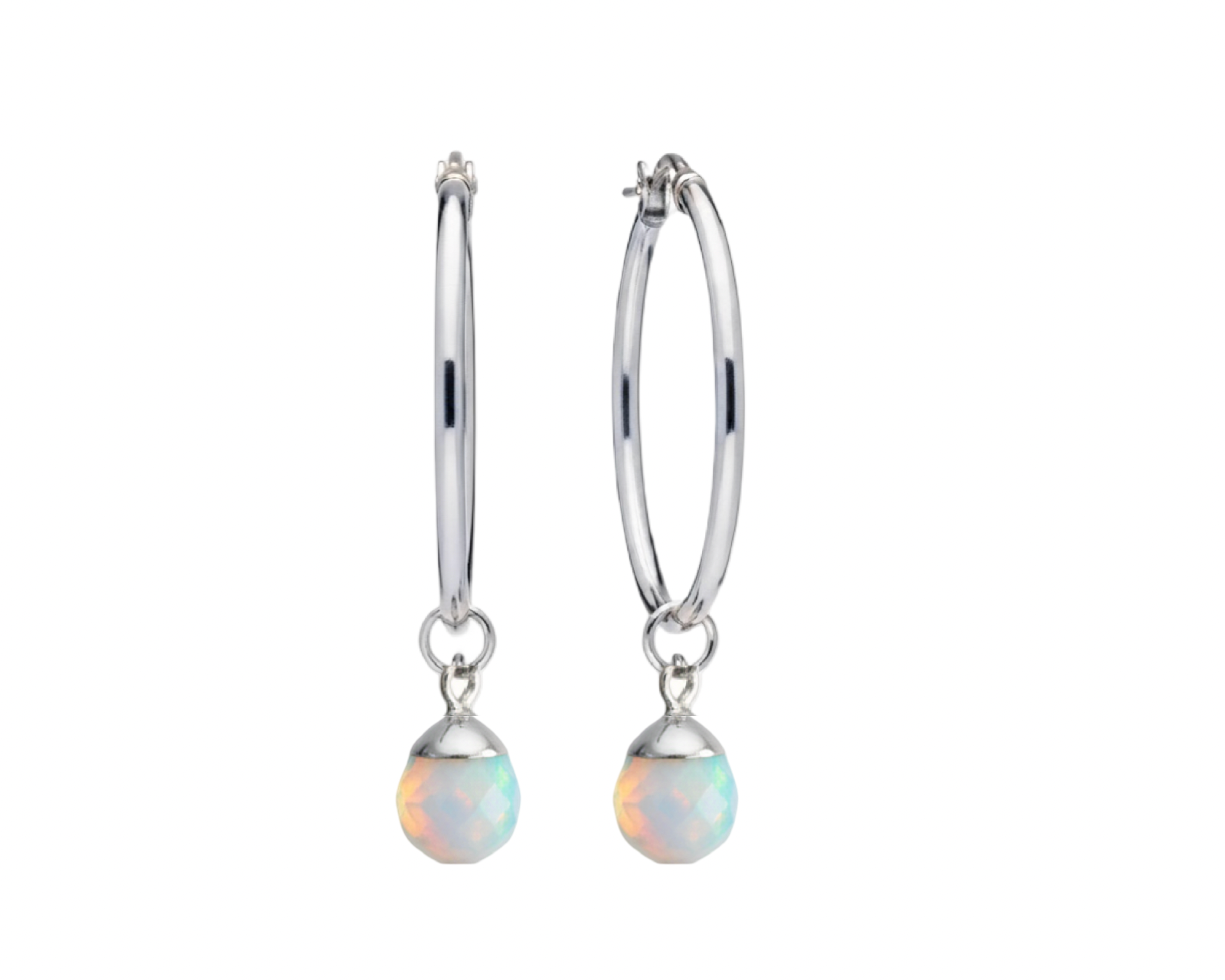 A pair of silver hoop earrings with teardrop-shaped iridescent opal gemstones dangling from the hoops, shown against a plain white background.