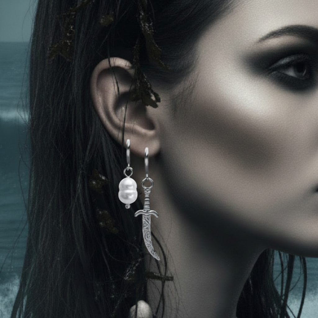 A close-up of a woman's ear wearing two dangling earrings: one with a white pearl and one with an ornate silver curved dagger against a moody blue-grey background.