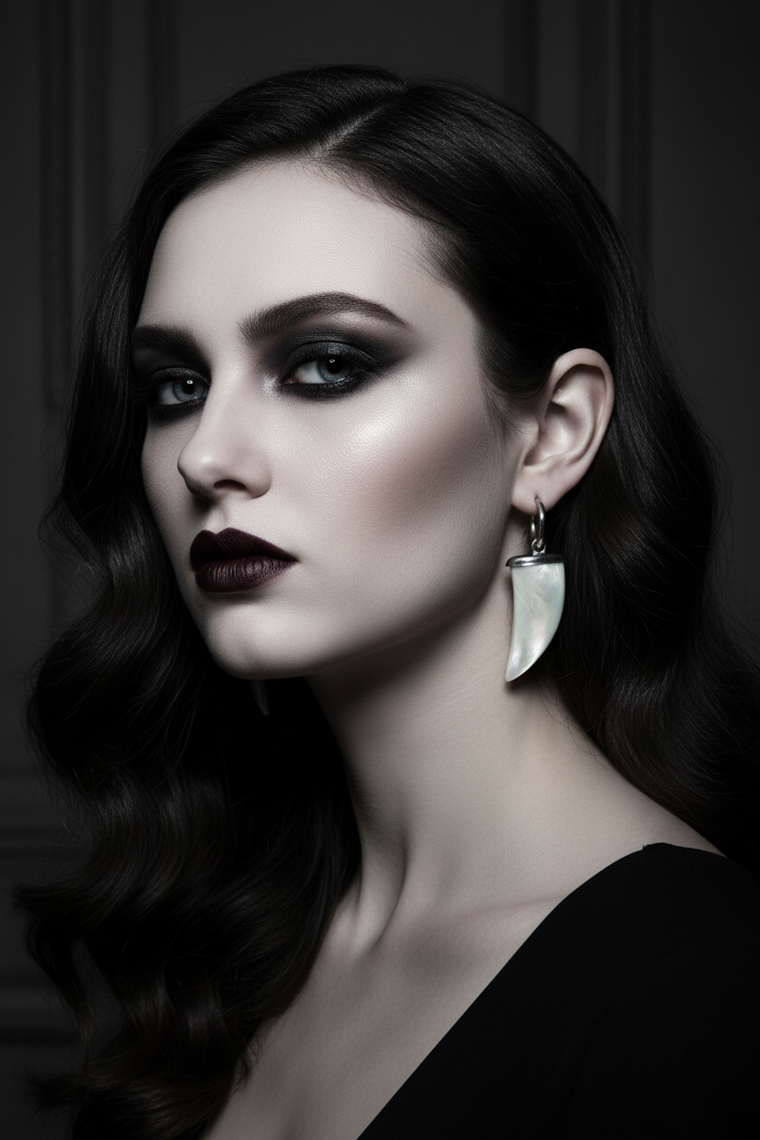 Woman with dark hair and makeup wearing a black dress against a dark background