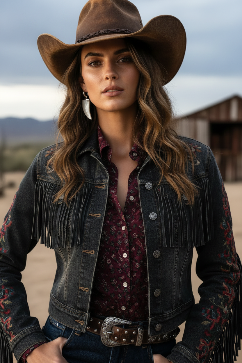 Woman wearing a cowboy hat and denim jacket with fringes in a desert setting