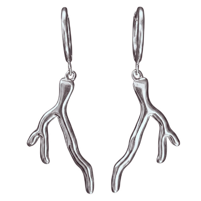 Silver coral-like earrings on a white background