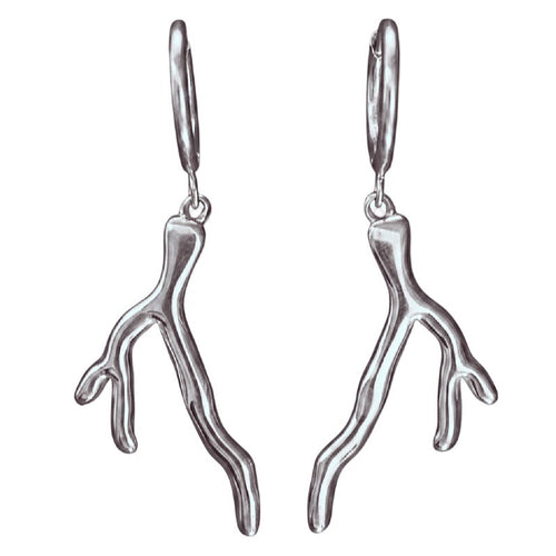 Silver coral-like earrings on a white background