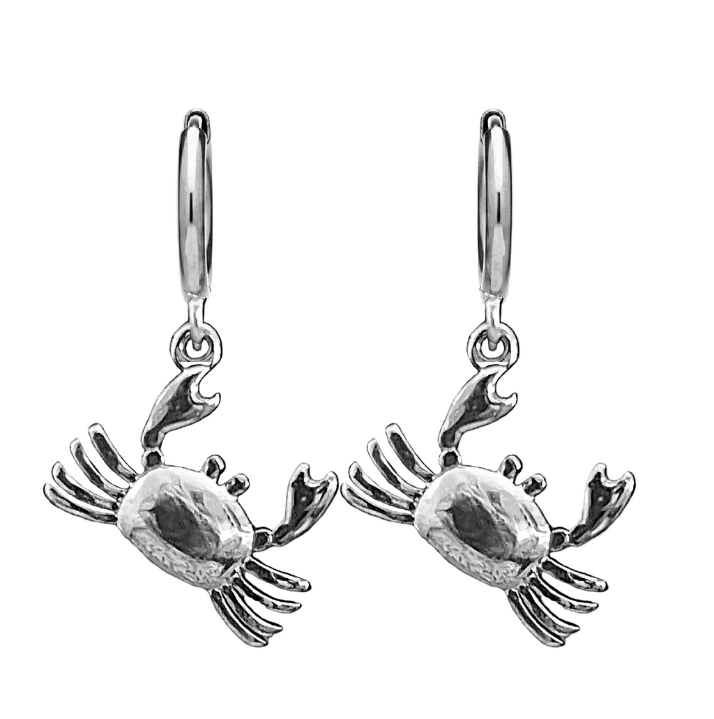 Silver crab-shaped earrings on a white background