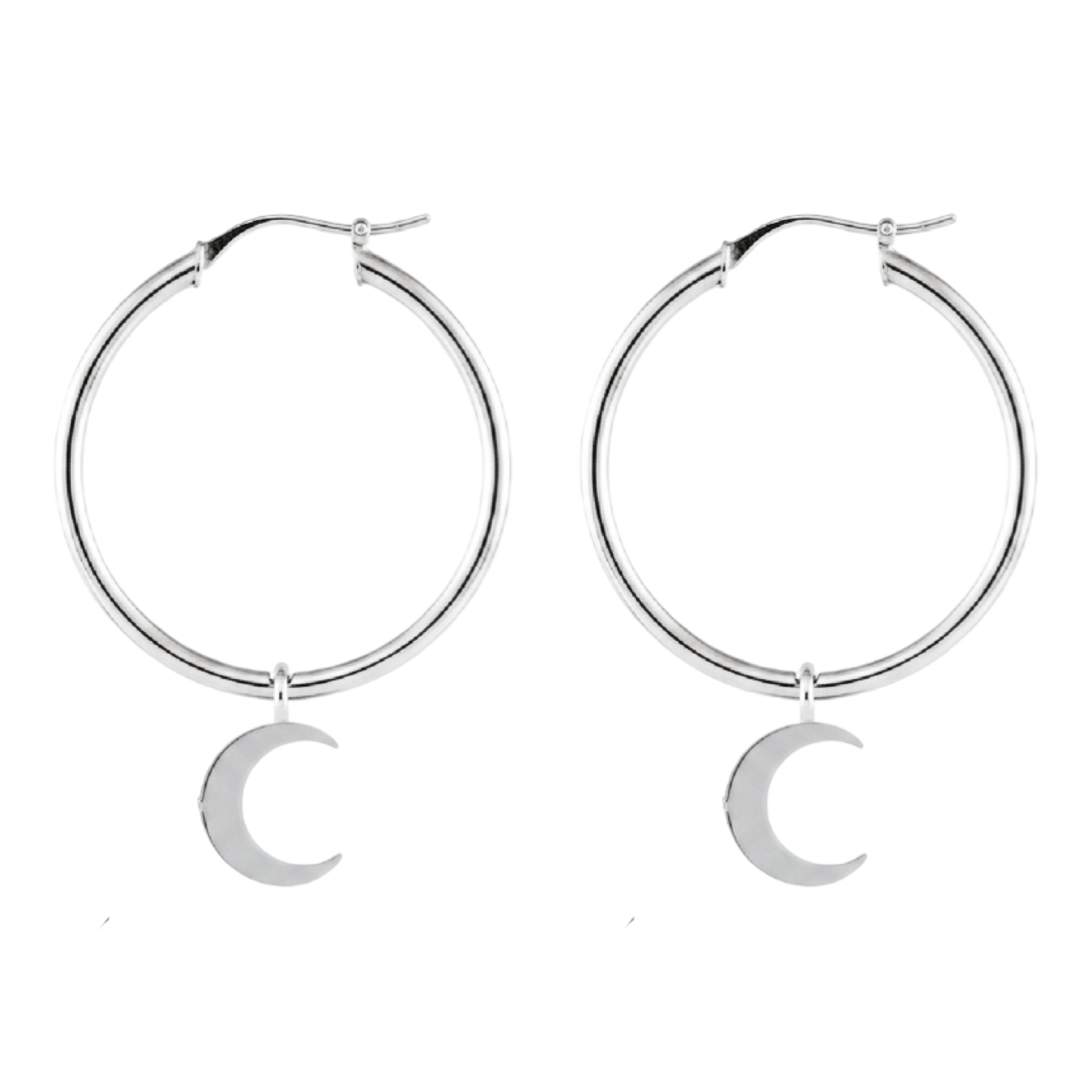 Silver hoop earrings with crescent moon charms on a white background