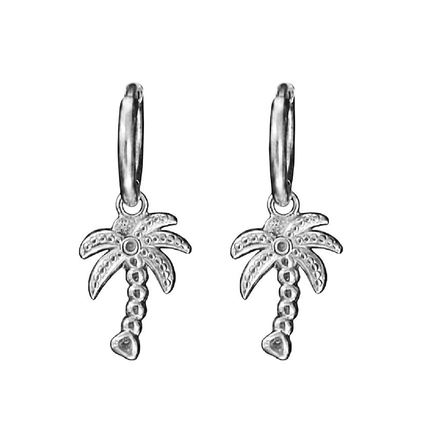 Silver palm tree earrings on a white background