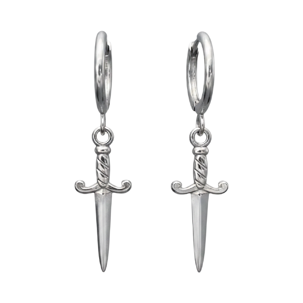 Silver sword-shaped earrings on a white background