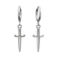 Silver sword-shaped earrings on a white background