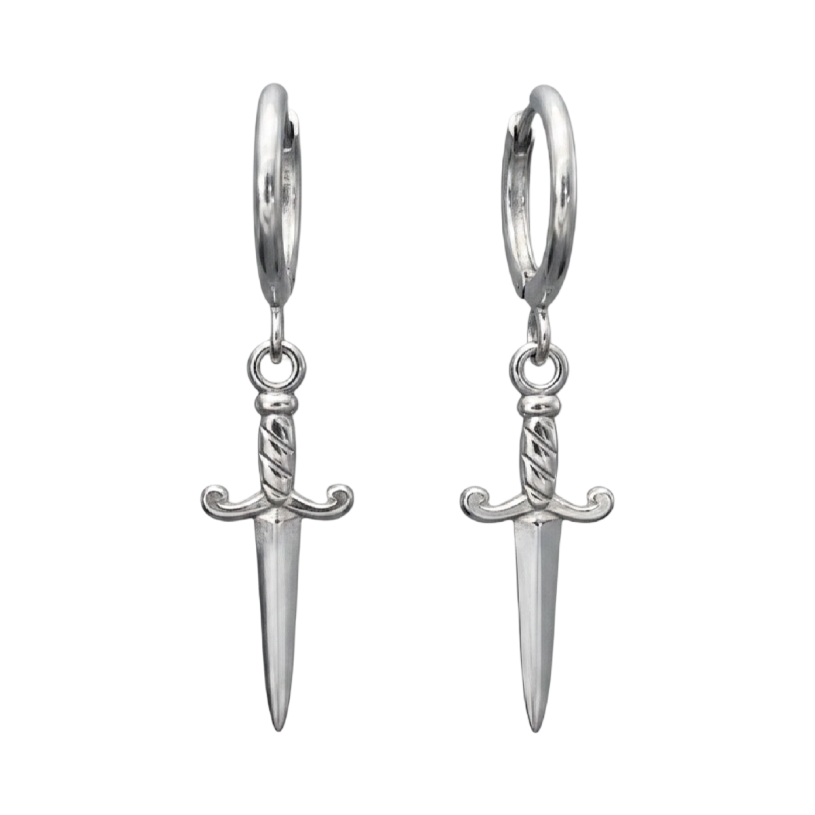 Silver sword-shaped earrings on a white background