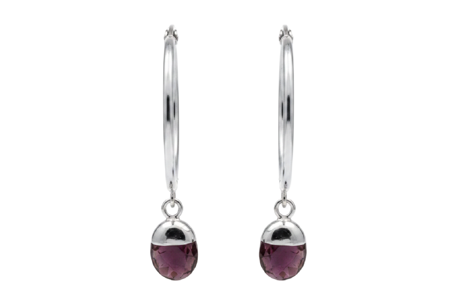 A pair of silver hoop earrings with small teardrop-shaped dark purple gemstone drops, shown against a plain white background.