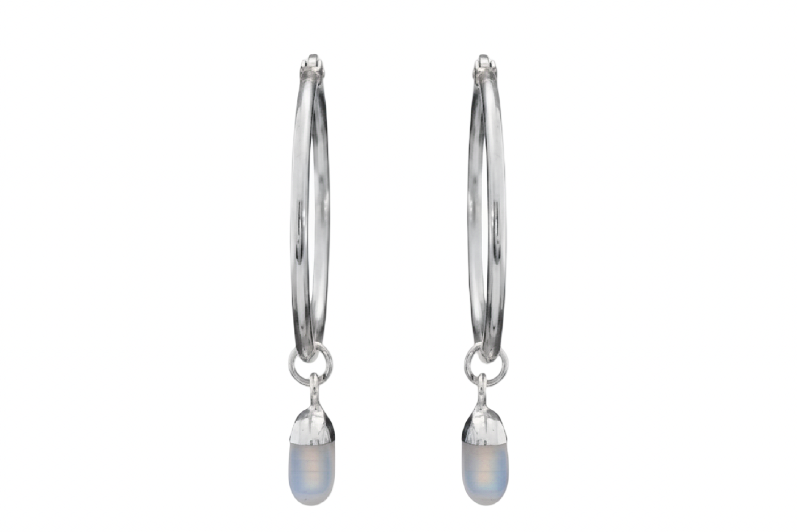 A pair of silver hoop earrings with small teardrop-shaped iridescent opal drops, shown against a plain white background.