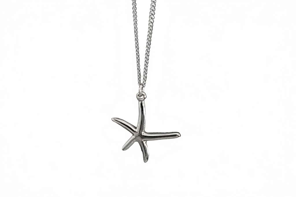 Silver starfish necklace on a white background 