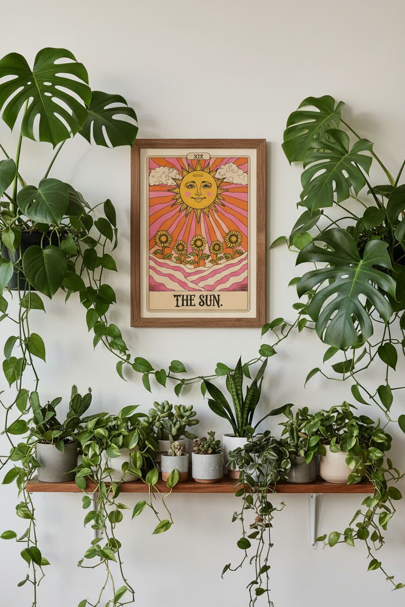 A framed art print titled 'THE SUN' with a retro sun illustration hangs on a white wall above a wooden shelf filled with potted green plants, including monstera and pothos.