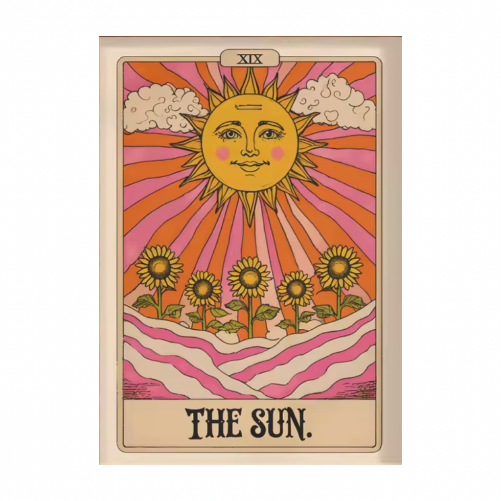 A tarot card titled 'THE SUN.' with a stylized yellow sun face, pink and orange rays, clouds, sunflowers, and wavy pink ground on a cream card with a beige border.