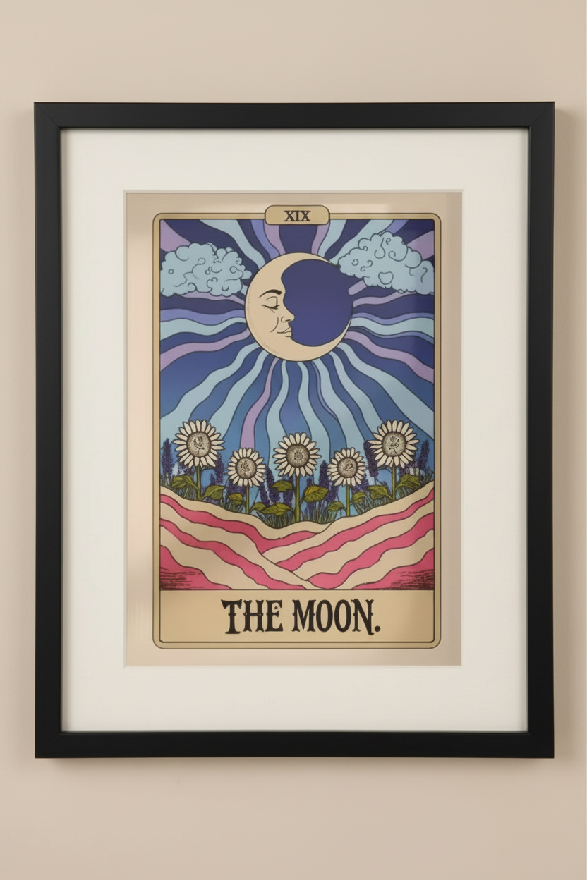 A framed art print of 'The Moon' tarot card, featuring a stylized crescent moon face, sun rays, flowers, and pink-and-white wavy hills, displayed on a beige wall.