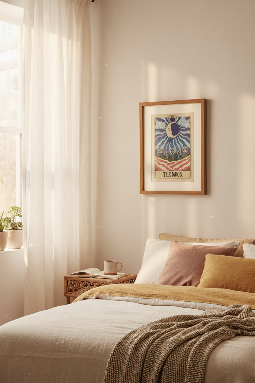 A framed art print titled 'THE MOON' featuring a stylised moon illustration, displayed on a beige wall above a neatly made bed in a softly lit bedroom.