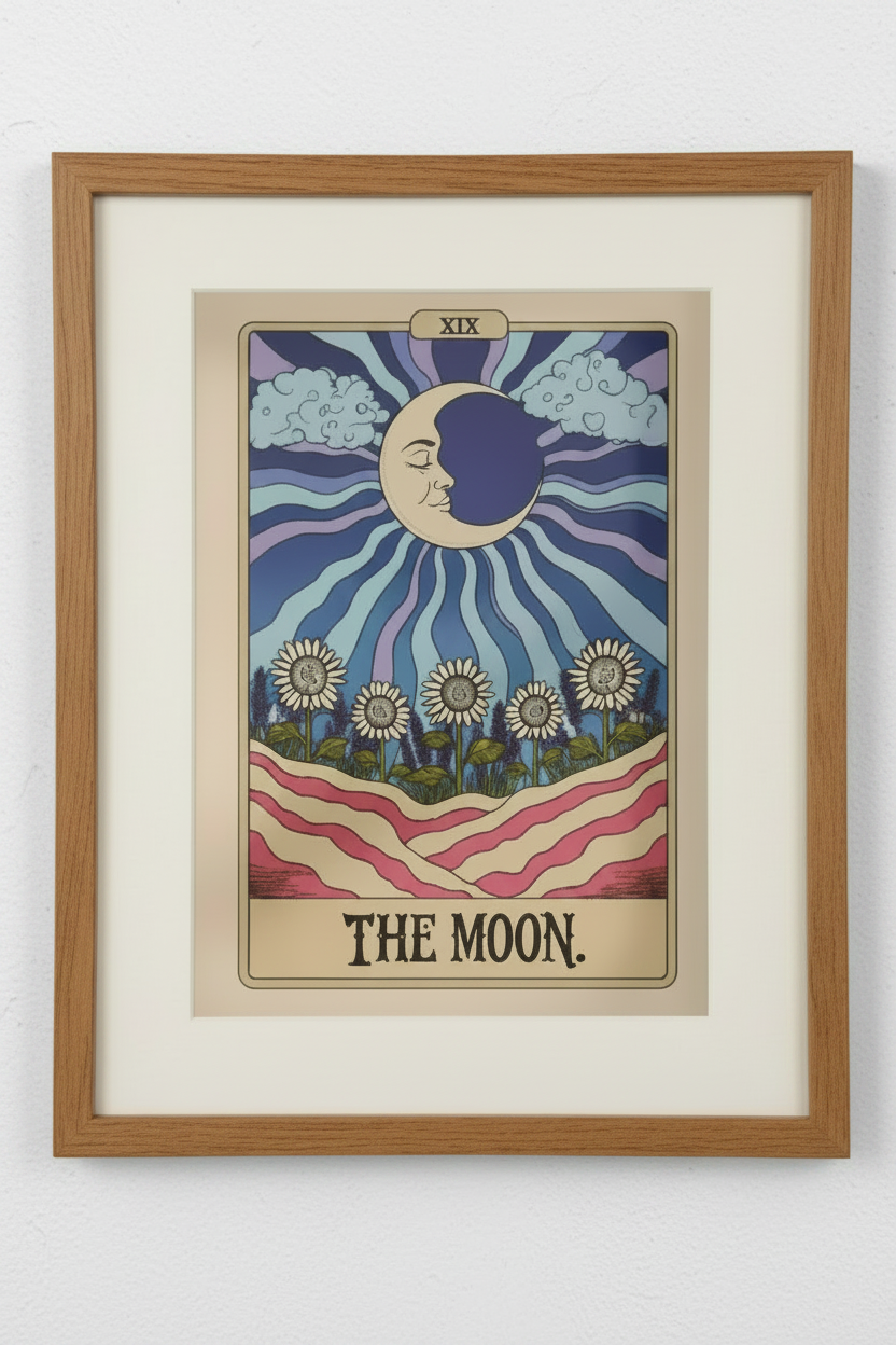 A framed art print of 'The Moon' tarot card, featuring a light wood frame and white matting against a white wall.