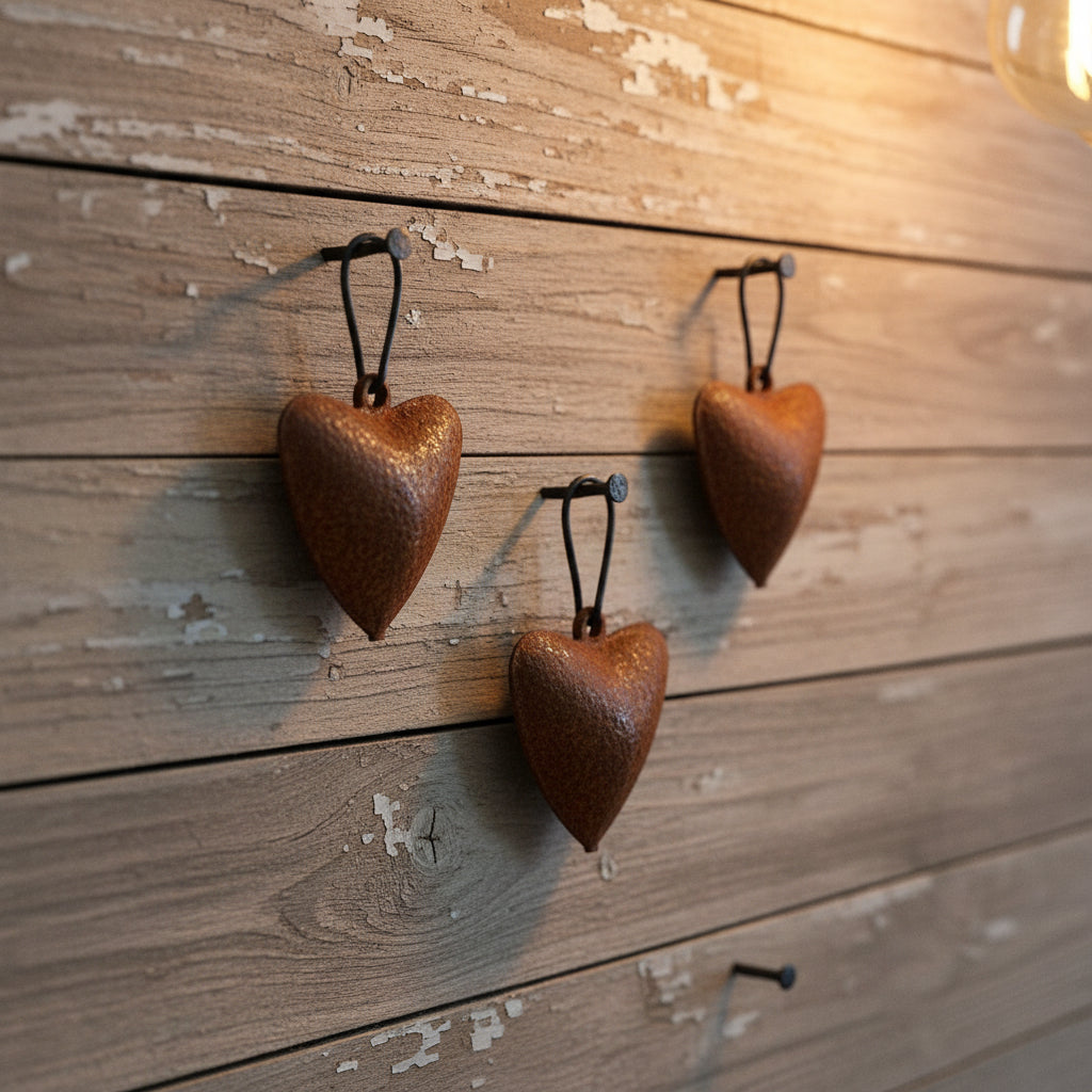 Three rust-coloured heart-shaped pendants on a wooden background 