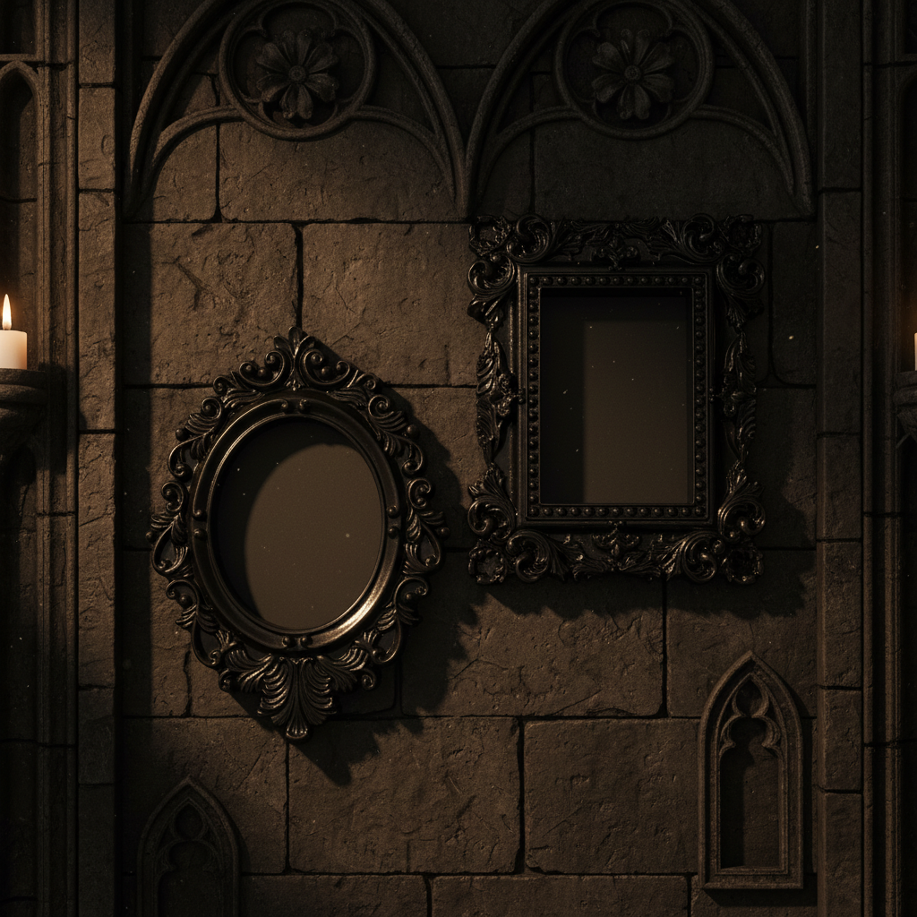 Two black gothic picture frames hung on a dark background 