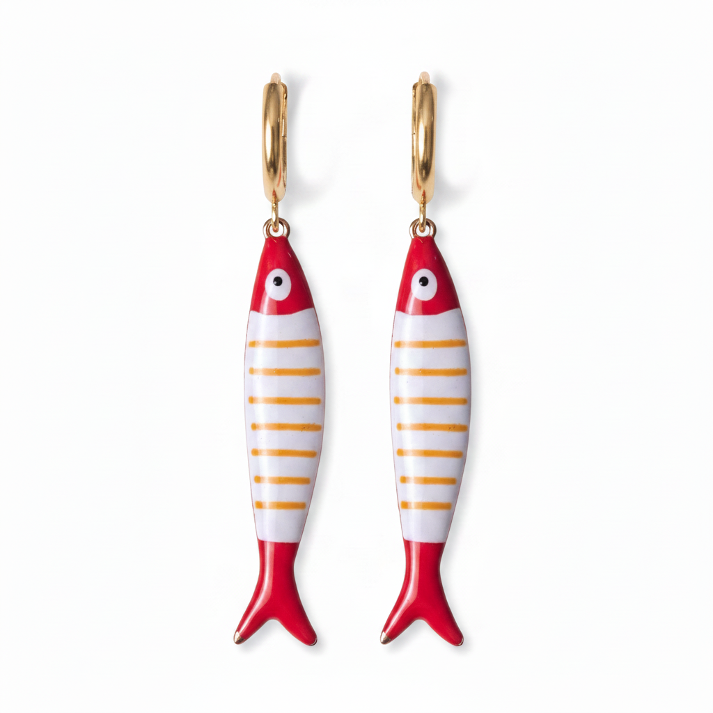 Fish-shaped earrings with red, white, and gold design on a white background